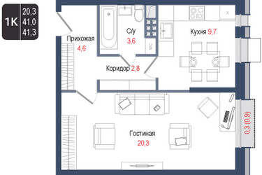 Планировка однокомнатной(квартира) площадью 41 квадратных метров в ЖК “ЖК КИНОКВАРТАЛ”