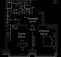 Планировка однокомнатной(квартира) площадью 52 квадратных метров в “ЖК СЕЗАР БУДУЩЕЕ”