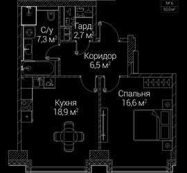 Планировка однокомнатной(квартира) площадью 52 квадратных метров в ЖК “ЖК СЕЗАР БУДУЩЕЕ”