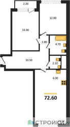 Планировка двухкомнатной(квартира) площадью 72.6 квадратных метров в ЖК “Квартал Филатов луг”
