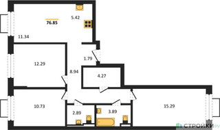Планировка трехкомнатной(квартира) площадью 76.85 квадратных метров в “ЖК Новое Видное”