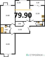 Планировка трехкомнатной(квартира) площадью 79.9 квадратных метров в “ЖК ЮЖНАЯ БИТЦА”