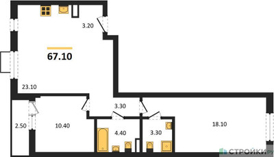 Планировка двухкомнатной(квартира) площадью 67.1 квадратных метров в ЖК “ЖК Прокшино”
