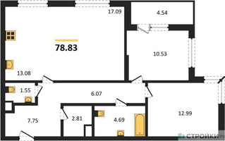 Планировка двухкомнатной(квартира) площадью 78.83 квадратных метров в “ЖК Одинград. Квартал Семейный”