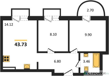Планировка двухкомнатной(квартира) площадью 43.73 квадратных метров в ЖК “ЖК ВОСТОК II”