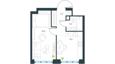 Планировка однокомнатной(квартира) площадью 33.5 квадратных метров в ЖК “ЖК Левел Южнопортовая”
