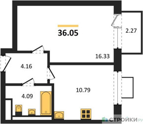 Планировка однокомнатной(квартира) площадью 36.05 квадратных метров в ЖК “ЖК Квартал Западный”