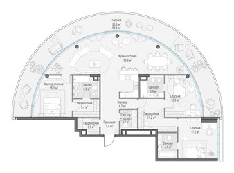 Планировка трехкомнатной(квартира) площадью 167 квадратных метров в ЖК “Клубный квартал "Фрунзенская набережная"”