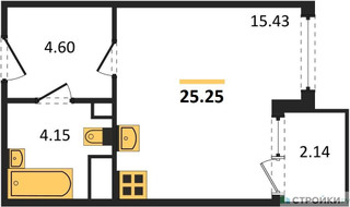 Планировка студии(квартира) площадью 25.25 квадратных метров в “ЖК Светлый мир БиоПолис”