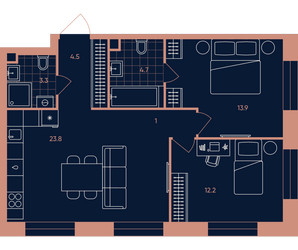 Планировка трехкомнатной(квартира) площадью 63.4 квадратных метров в ЖК “ЖК Era (Эра)”