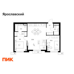 Планировка двухкомнатной(квартира) площадью 59.8 квадратных метров в ЖК “ЖК Ярославский”
