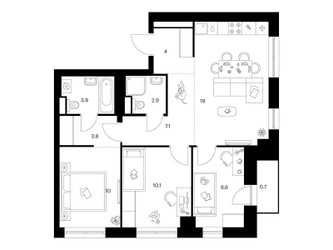 Планировка трехкомнатной(квартира) площадью 70.1 квадратных метров в ЖК “Нарвин”
