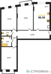 Планировка трехкомнатной(квартира) площадью 96.5 квадратных метров в ЖК “ЖК Эльйон”