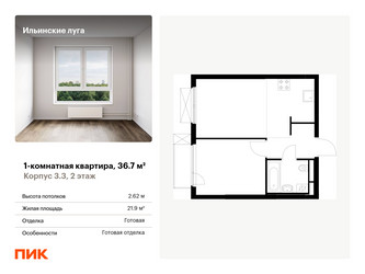 Планировка однокомнатной(квартира) площадью 36.7 квадратных метров в ЖК “ЖК Ильинские луга”