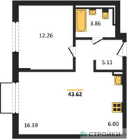 Планировка однокомнатной(квартира) площадью 43.62 квадратных метров в “ЖК Мытищи Парк”