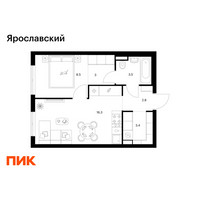Планировка однокомнатной(квартира) площадью 37.5 квадратных метров в “ЖК Ярославский”