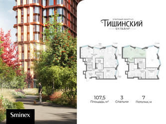 Планировка трехкомнатной(квартира) площадью 107.5 квадратных метров в ЖК “Квартал Тишинский Бульвар”