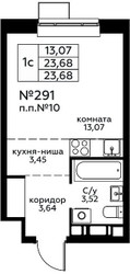 Планировка студии(квартира) площадью 23.68 квадратных метров в ЖК “Новоград Павлино”