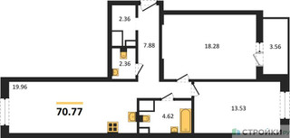 Планировка двухкомнатной(квартира) площадью 70.77 квадратных метров в “ЖК Светлый мир Станция Л”
