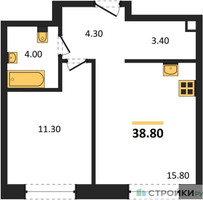 Планировка однокомнатной(квартира) площадью 38.8 квадратных метров в “ЖК Shagal (Шагал)”