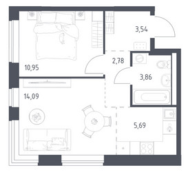 Планировка однокомнатной(квартира) площадью 40.91 квадратных метров в ЖК “ЖК Новое Видное”