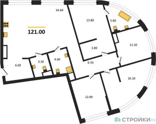 Планировка 4+ комнате(квартира) площадью 121 квадратных метров в “ЖК Остров”