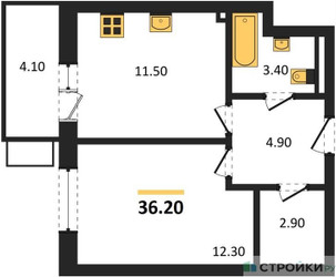 Планировка однокомнатной(квартира) площадью 36.2 квадратных метров в ЖК “ЖК Союзный”