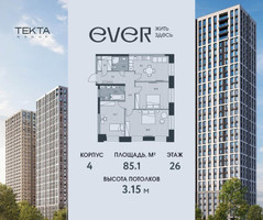 Планировка трехкомнатной(квартира) площадью 85.1 квадратных метров в “ЖК Ever (Эвер)”