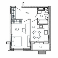Планировка однокомнатной(квартира) площадью 35 квадратных метров в “ЖК Квартал Светлый”