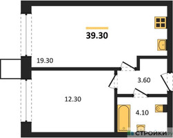 Планировка однокомнатной(квартира) площадью 39.3 квадратных метров в “Сити квартал Отрада”