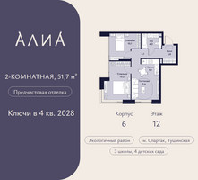 Планировка двухкомнатной(квартира) площадью 51.7 квадратных метров в “ЖК АЛИА”