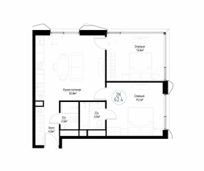 Планировка двухкомнатной(квартира) площадью 62.4 квадратных метров в ЖК “ЖК Метрополия”
