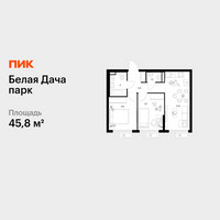 Планировка двухкомнатной(квартира) площадью 45.8 квадратных метров в “ЖК Белая Дача парк”