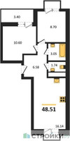 Планировка двухкомнатной(квартира) площадью 48.51 квадратных метров в “ЖК ВОСТОК II”