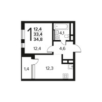 Планировка однокомнатной(квартира) площадью 34.8 квадратных метров в “Новые Ватутинки. Заречный”