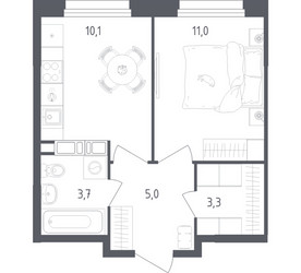 Планировка однокомнатной(квартира) площадью 33.1 квадратных метров в ЖК “ЖК Ольховый Квартал”