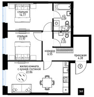 Планировка трехкомнатной(квартира) площадью 70.68 квадратных метров в “ЖК Инноватор”