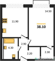 Планировка однокомнатной(апартаменты) площадью 38.1 квадратных метров в “ЖК Равновесие”
