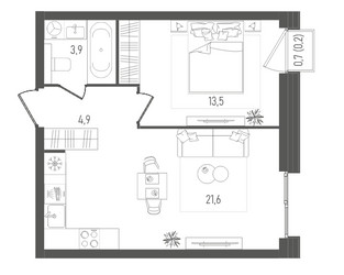 Планировка однокомнатной(квартира) площадью 44.1 квадратных метров в ЖК “ЖК ПЕЙВ”