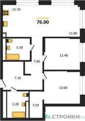 Планировка двухкомнатной(квартира) площадью 76 квадратных метров в ЖК “Архитектурный проект U2 (ЮТУ)”