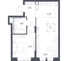 Планировка однокомнатной(квартира) площадью 44.52 квадратных метров в ЖК “ЖК Большое Путилково”