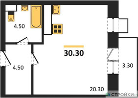 Планировка студии(квартира) площадью 28.7 квадратных метров в “ЖК Идеал”
