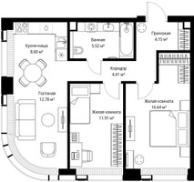 Планировка двухкомнатной(квартира) площадью 64.01 квадратных метров в “ЖК Веер”