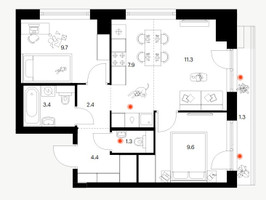 Планировка двухкомнатной(квартира) площадью 51.3 квадратных метров в “ЖК Плеханова 11”