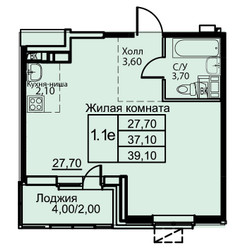 Планировка однокомнатной(апартаменты) площадью 39.1 квадратных метров в ЖК “ЖК Кашинцево”