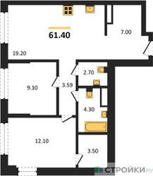 Планировка двухкомнатной(квартира) площадью 61.4 квадратных метров в ЖК “Архитектурный проект U2 (ЮТУ)”