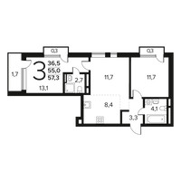 Планировка трехкомнатной(квартира) площадью 57.3 квадратных метров в “Новые Ватутинки. Заречный”