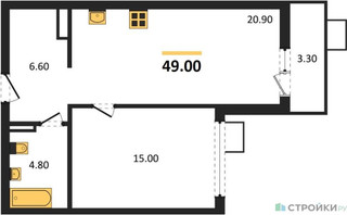 Планировка однокомнатной(квартира) площадью 49 квадратных метров в “ЖК Деснаречье”