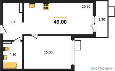 Планировка однокомнатной(квартира) площадью 49 квадратных метров в ЖК “ЖК Деснаречье”