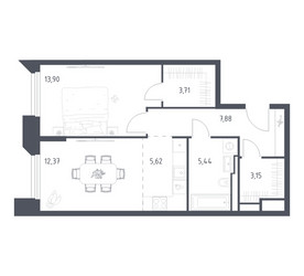 Планировка однокомнатной(апартаменты) площадью 52.07 квадратных метров в ЖК “ЖК Скай Спутник”
